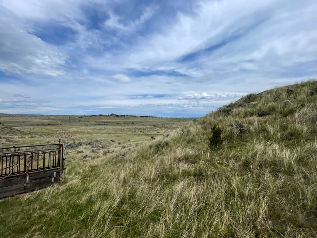 Wide open grassy landscape with gently rolling hills under a partly cloudy sky. A weathered wooden fence sits on the left, and tall grass covers the hillside—ideal as a cattle ranch or hunting property.