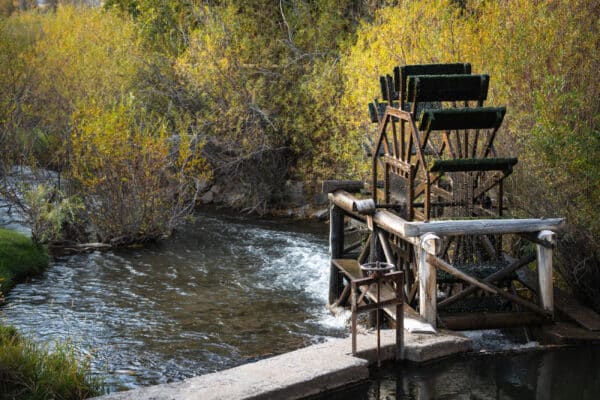 A rustic wooden water wheel stands beside a flowing stream on scenic recreational land, surrounded by dense green and yellow foliage, under soft natural daylight.