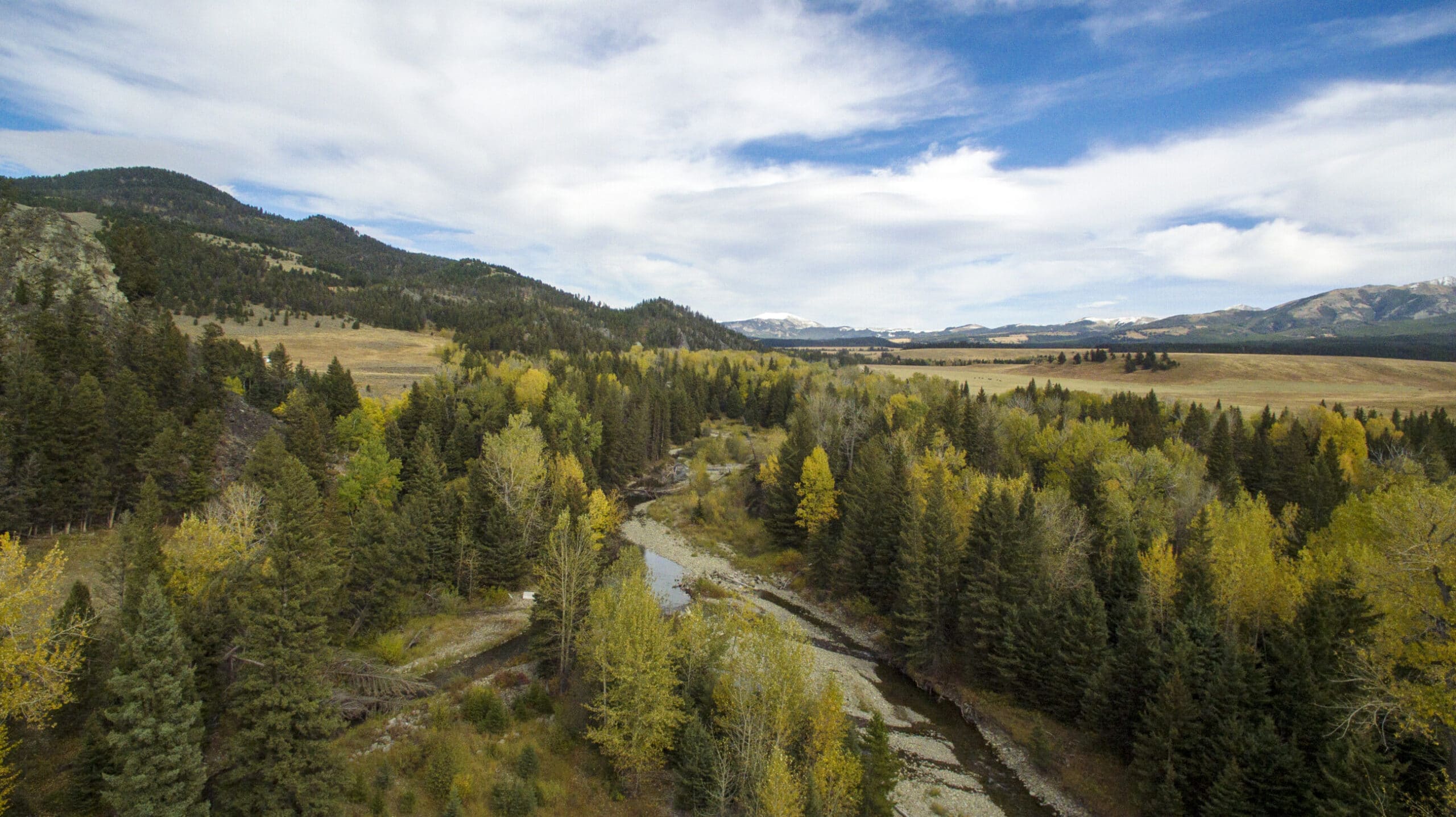A scenic landscape of a forested valley with a winding river, surrounded by green and yellow trees, distant mountains, and a partly cloudy blue sky—perfect recreational land or hunting property.