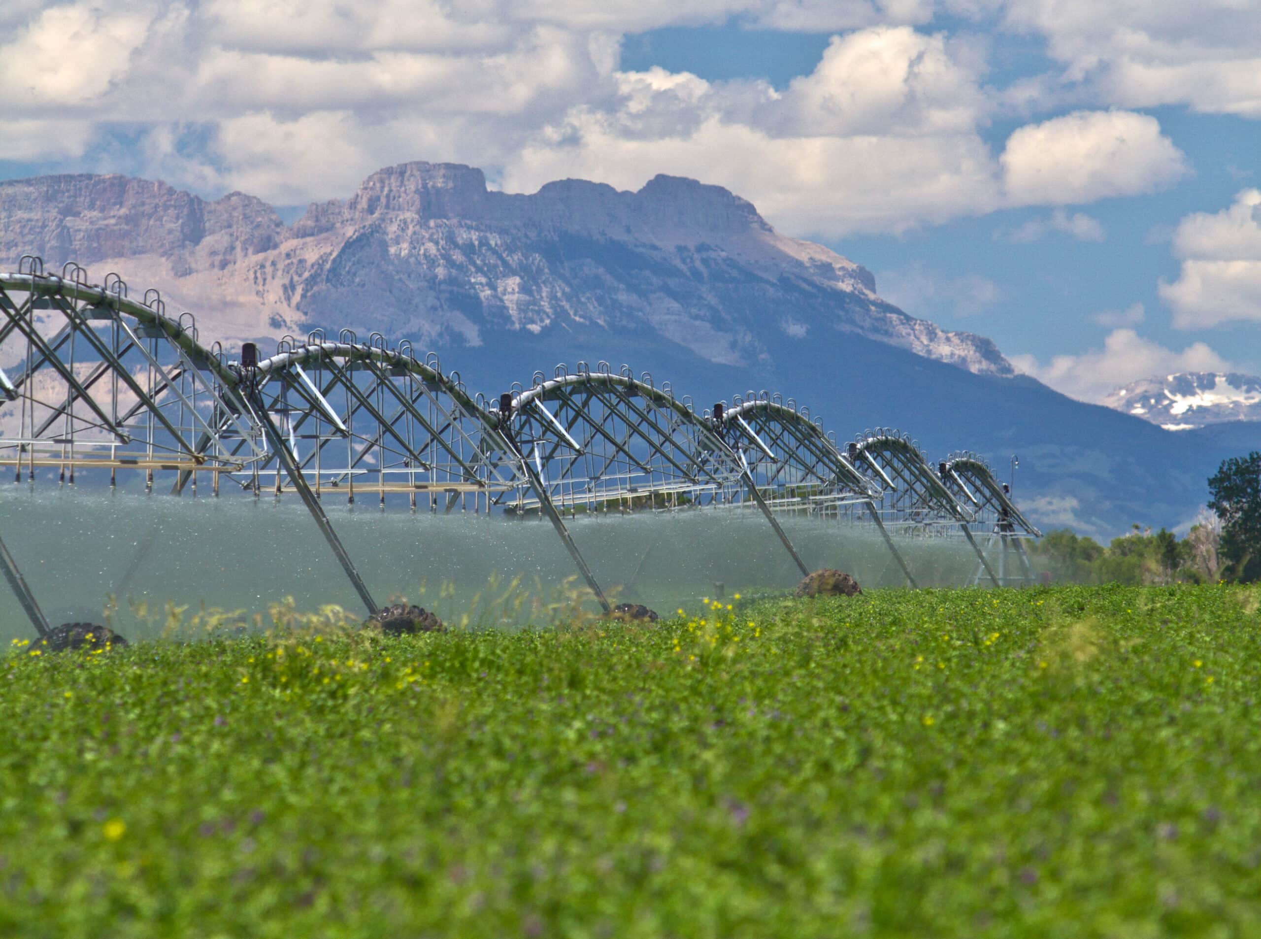A large irrigation system sprays water over a lush green field, ideal for a ranch for sale, with tall mountains and a partly cloudy sky in the background.