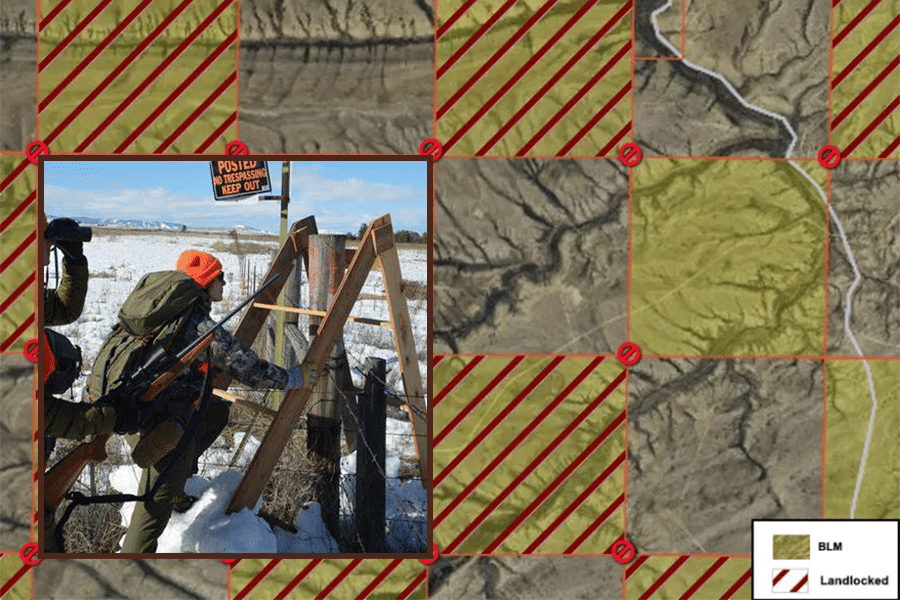 A hunter climbs over a fence marked Posted—Private Property Keep Out in a snowy landscape, highlighting the importance of knowing hunting property boundaries. The background features a color-coded map with BLM and landlocked recreational land.