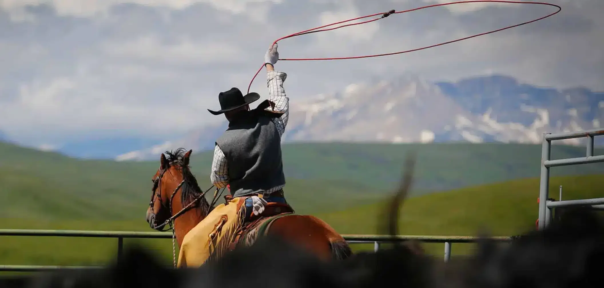 A cowboy on horseback swings a lasso in the air, wearing a black hat and vest, set against green hills and distant snow-capped mountains—an iconic scene of cattle ranch life on prime recreational land.