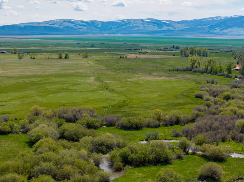 A wide green valley with patches of bushes, a winding stream, and distant mountains under a partly cloudy sky. Sparse buildings and farmland highlight the potential of this recreational land or cattle ranch for sale.