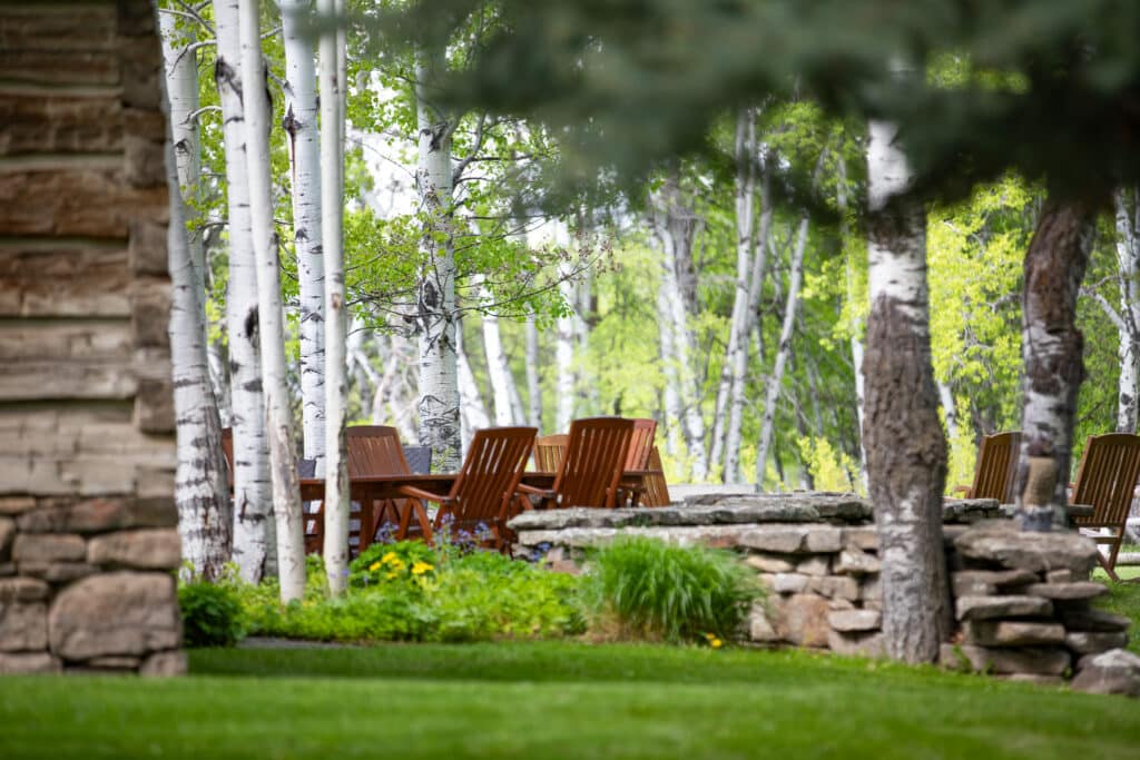 Wooden chairs are arranged in a peaceful outdoor setting on a hunting property surrounded by birch trees and green grass, with a stone wall and part of a building visible on the left.