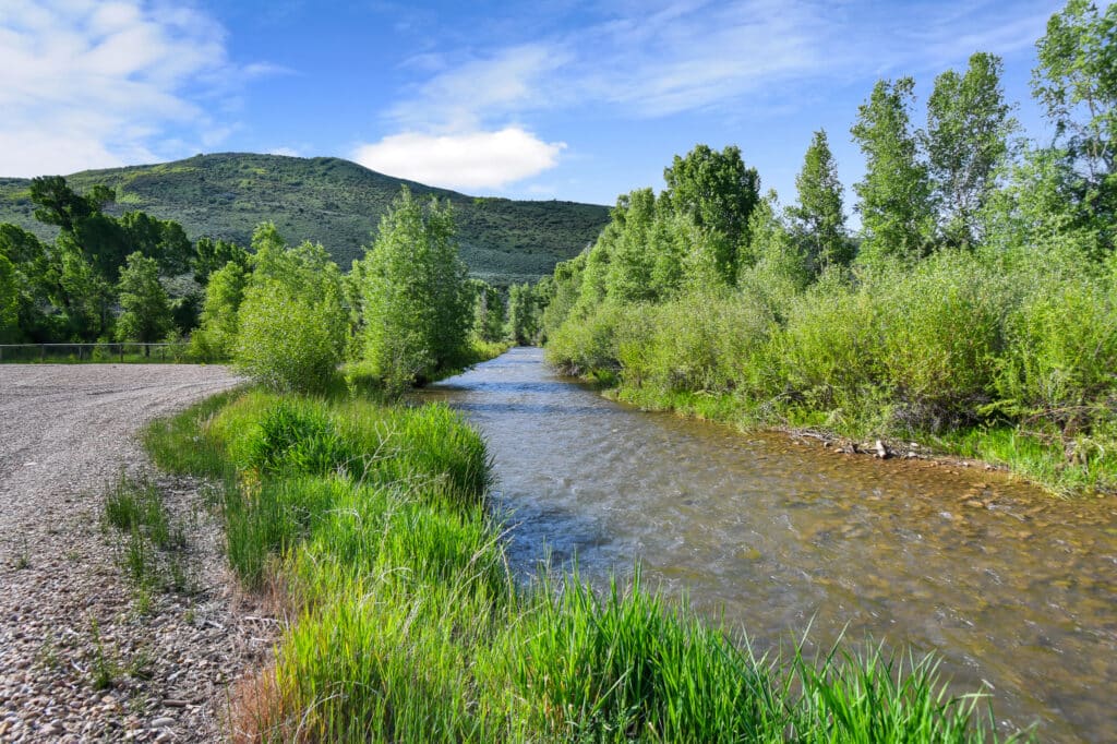 A clear, shallow stream flows between green bushes and trees on this recreational land, with a grassy bank and gravel path to the left; hills covered in greenery rise in the background under a blue sky with clouds.