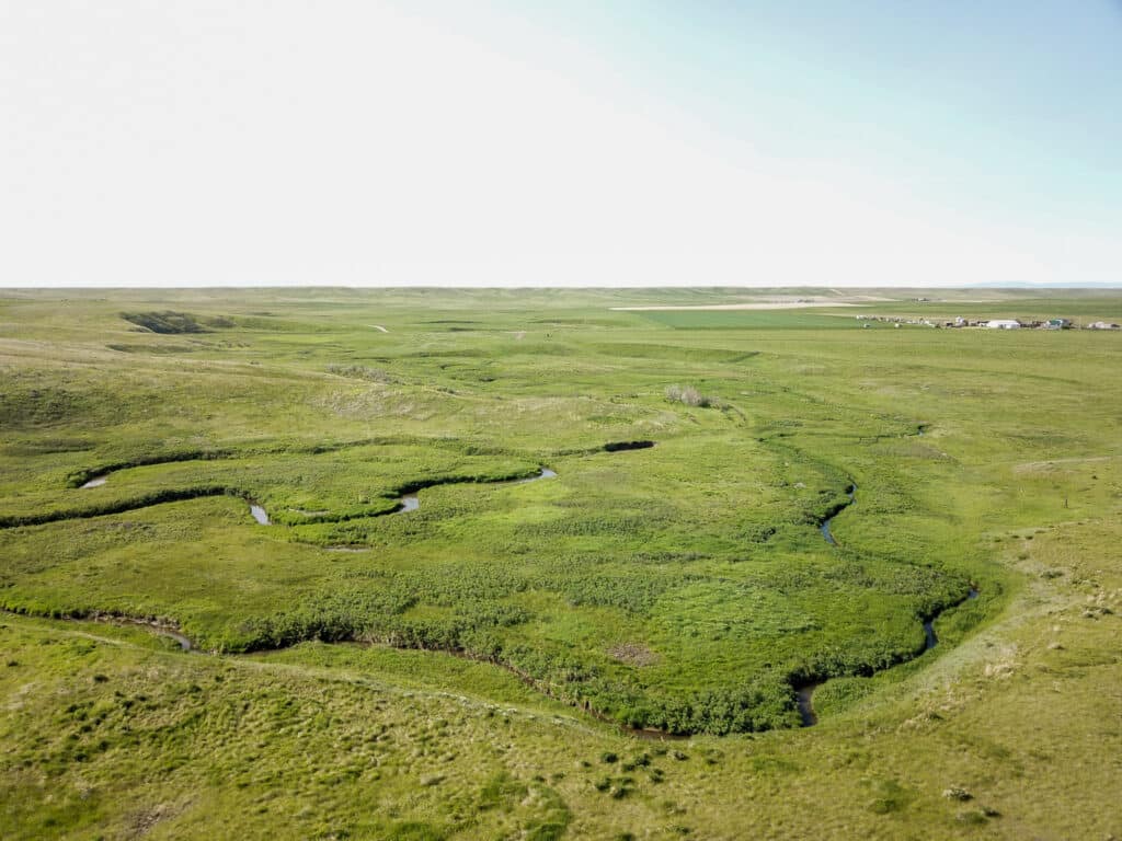 Aerial view of a winding stream flowing through a vast, green grassy plain under a clear sky, ideal recreational land with sparse vegetation and a few distant buildings near the horizon.