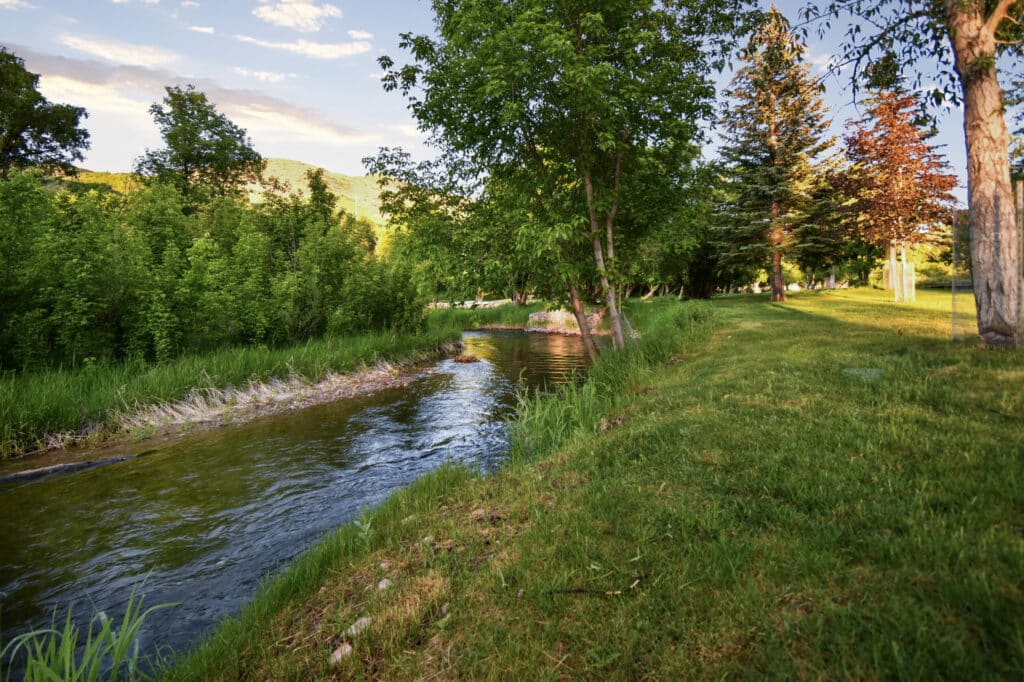 A small, clear stream flows beside a grassy area lined with green trees under a partly cloudy sky, with sunlight illuminating parts of this ideal recreational land.
