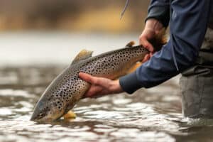 A person in waders gently holds a large, speckled brown trout over a river on a scenic cattle ranch, preparing to release it back into the water.