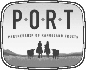 Logo for Partnership of Rangeland Trusts (PORT), featuring two horseback riders and two cows in a grassy landscape with mountains, capturing the spirit of a cattle ranch.