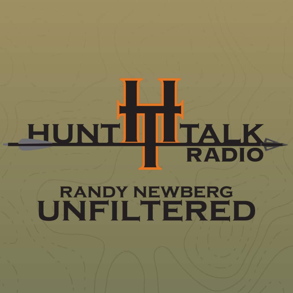 Hunt Talk Radio logo with large orange HT and an arrow running through the text, set against a green background with subtle topographic map lines—perfect for fans of hunting property and recreational land. Text reads: Hunt Talk Radio Randy Newberg Unfiltered.