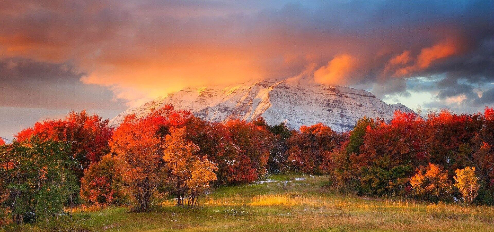 Snow-capped mountain glowing under a dramatic, orange sunset sky, framed by vibrant red and orange autumn trees and a grassy field—perfect setting for a stunning hunting property or unique land for sale.