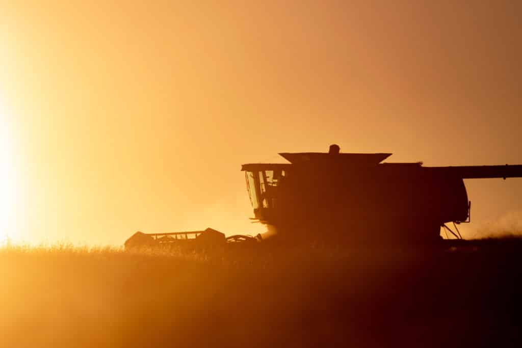 Silhouette of a combine harvester working in a field at sunset on recreational land, with golden sunlight and dust creating a warm, glowing atmosphere.