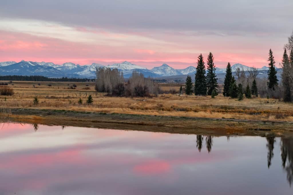 A calm pond reflects a pink and purple sunrise sky, distant snow-capped mountains, pine trees, and golden-brown grass—perfect recreational land or cattle ranch with breathtaking views.