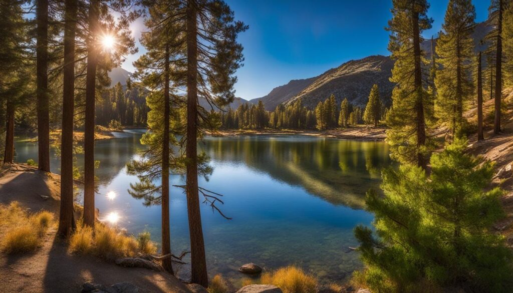 A serene mountain lake surrounded by tall pine trees, with sunlight streaming through the branches and reflecting on calm water—perfect for those seeking land for sale as a peaceful hunting property, with distant mountains under a clear blue sky.