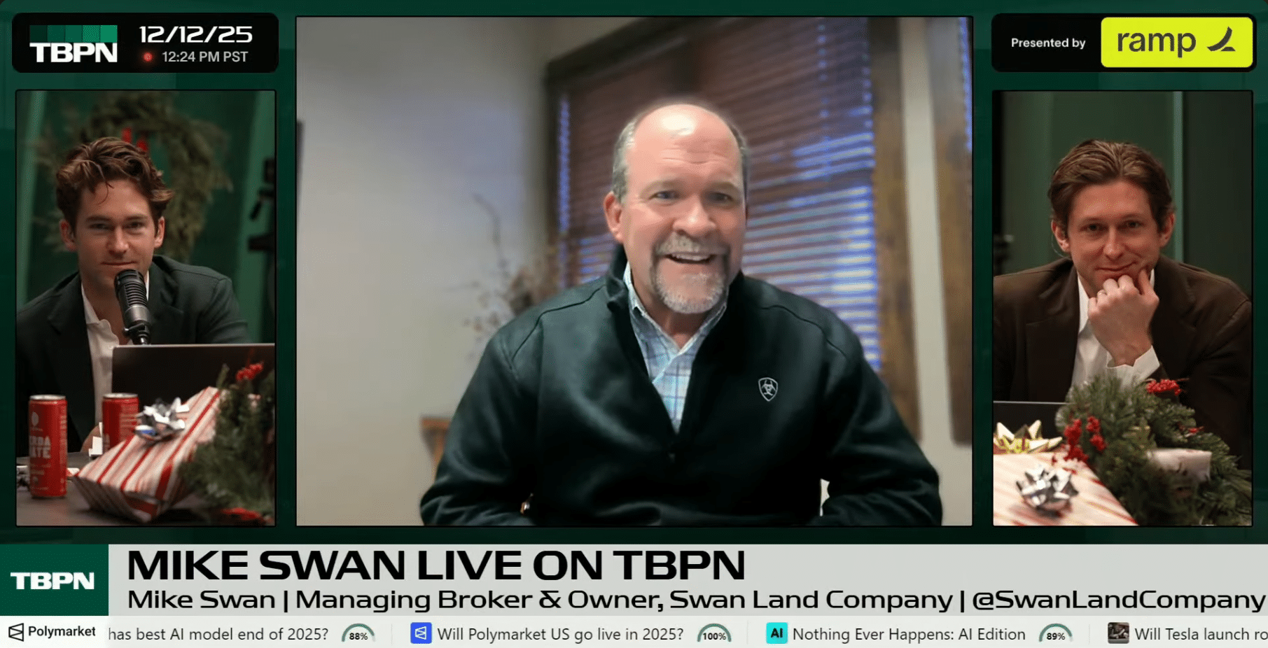 A video call interview on TBPN features Mike Swan, smiling and discussing a ranch for sale. Two hosts appear on split screens at studio desks with microphones. The date and time are displayed as 12/12/25, 12:24 PM PST.