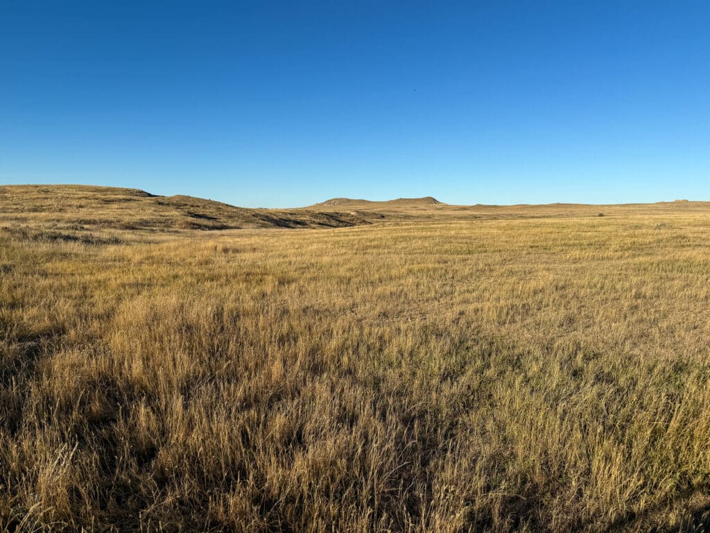 A vast, open prairie with dry golden grass under a clear blue sky—ideal recreational land. Low rolling hills in the distance create a sense of wide, open space and calm, making this ranch for sale truly special.