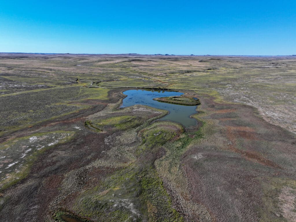 Aerial view of a small pond surrounded by grassy, green, and brown fields under a clear blue sky, with gently rolling hills stretching into the distance—ideal land for sale or hunting property.