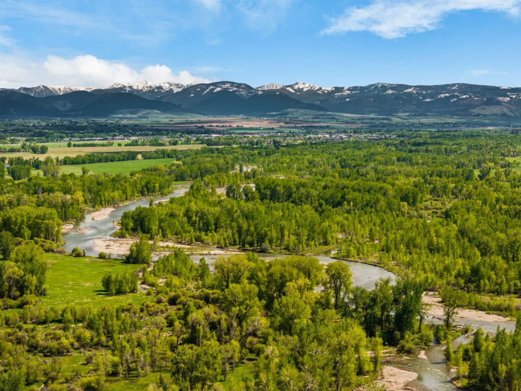A winding river flows through a lush green valley with dense trees, fields, and distant mountains topped with snowy patches—ideal for recreational land or a hunting property under blue skies with scattered clouds.