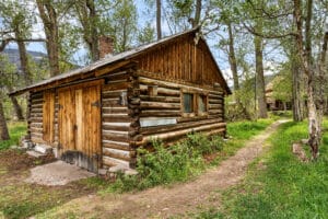 A rustic log cabin with a wooden door and small windows sits among tall trees near Tom Miner Creek, offering a peaceful Montana retreat. A dirt path winds by and green grass surrounds the area on a bright day.