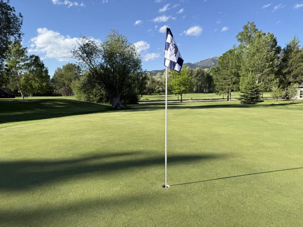 A golf green with a checkered flag in the hole, surrounded by lush trees and mountains of Five Ranges in the background under a bright blue sky with scattered clouds.