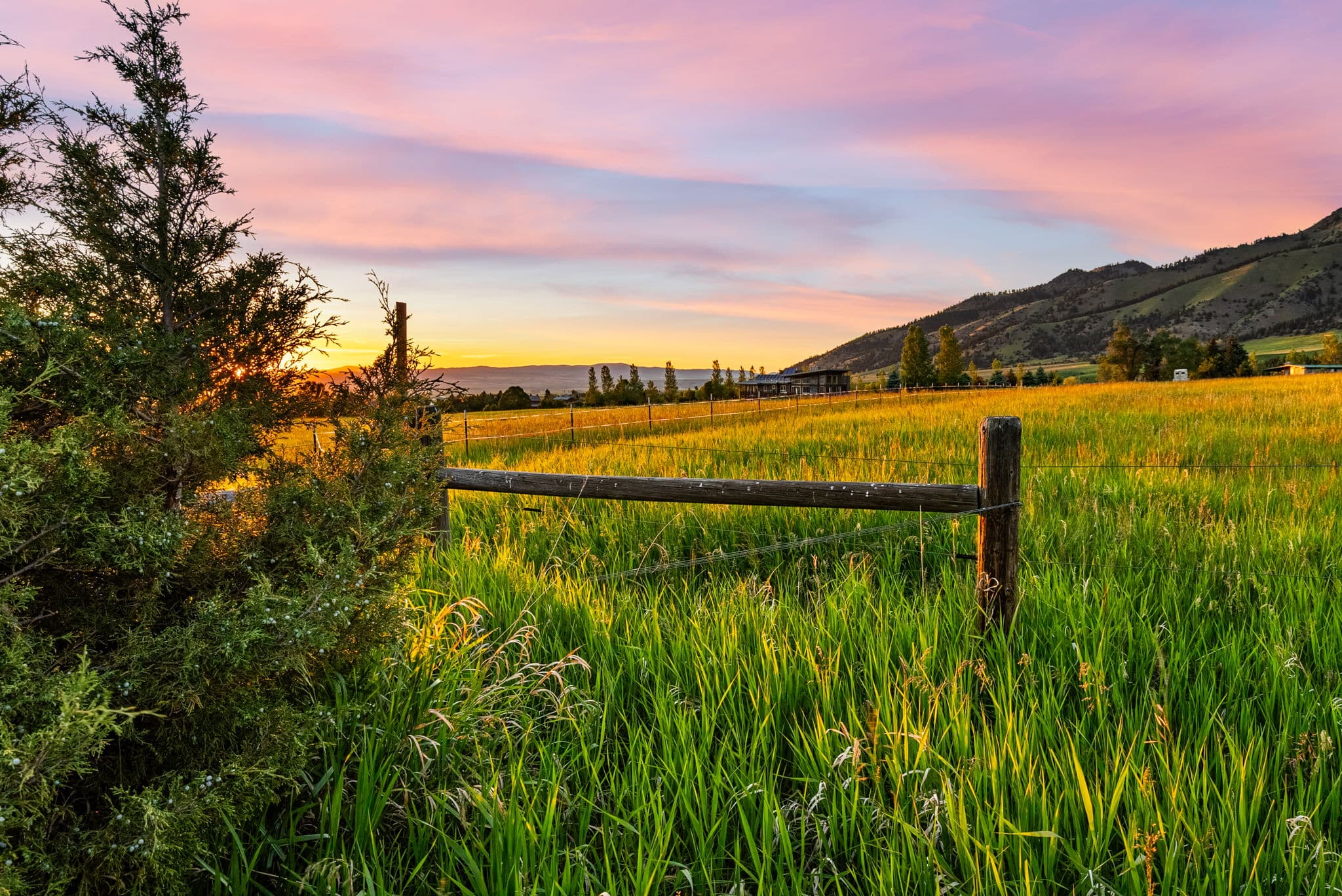 A wooden fence stands in a green grassy field at sunset near Sypes Canyon, with a tree on the left and Five Ranges mountain scenery in the background under a pink and orange sky.