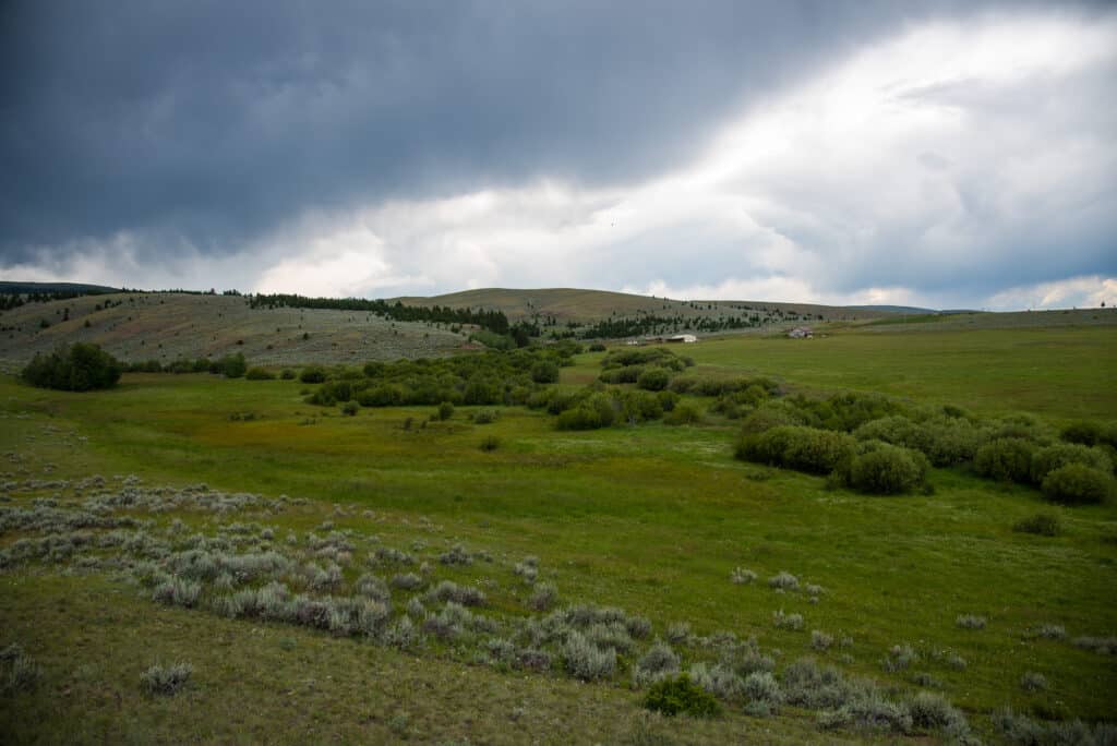 A wide, green field with scattered bushes and distant hills under a cloudy, darkening sky sets the scene at Battle Mountain Ranch. A few small buildings are visible far in the background, hinting at life on this tranquil expanse.