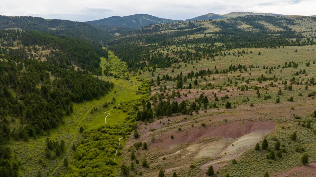 Aerial view of Battle Mountain Ranch nestled in a green valley with a winding stream, surrounded by forested hills and open grasslands, under a cloudy sky.