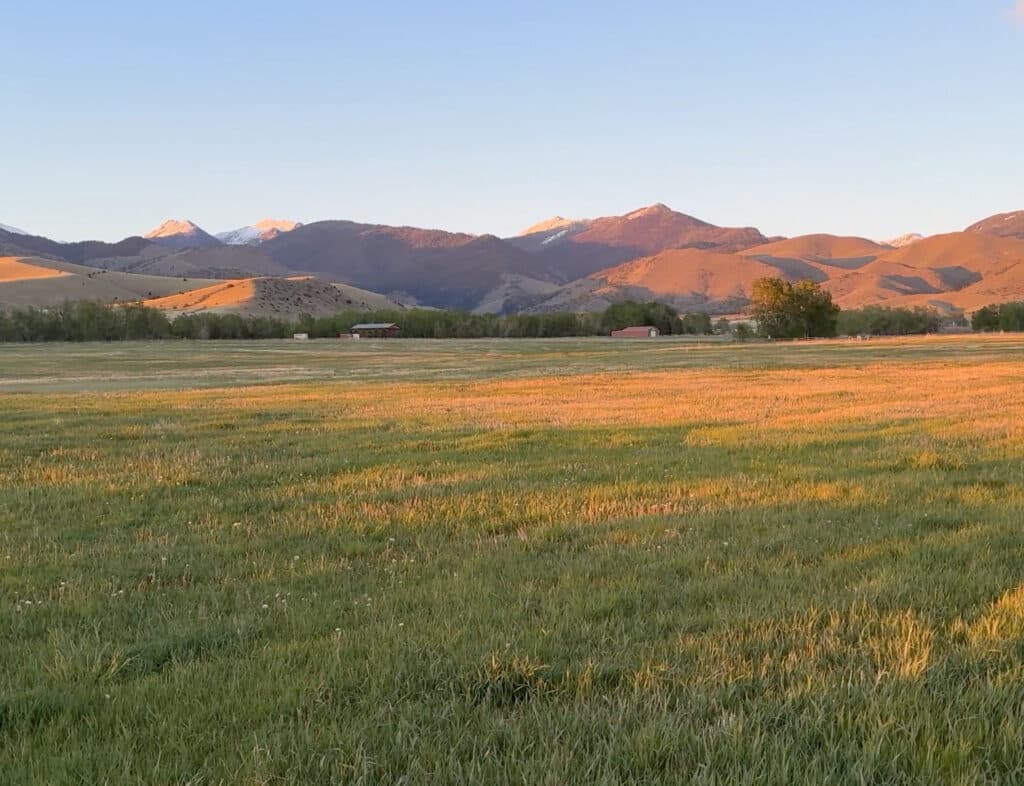 A sunlit grassy field with a few distant houses, bordered by green trees, lies beside the gently winding Wisconsin Creek, with rolling mountains in the background under a clear blue sky at sunset.