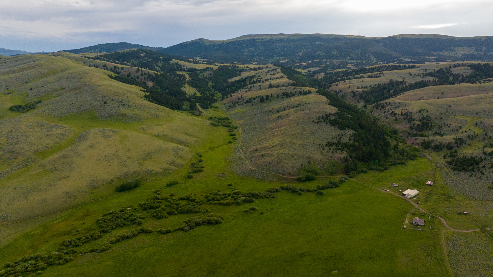 Aerial view of green rolling hills, scattered trees, and a few small buildings at the bottom right—possibly part of Battle Mountain Ranch—with distant mountains under a cloudy sky.