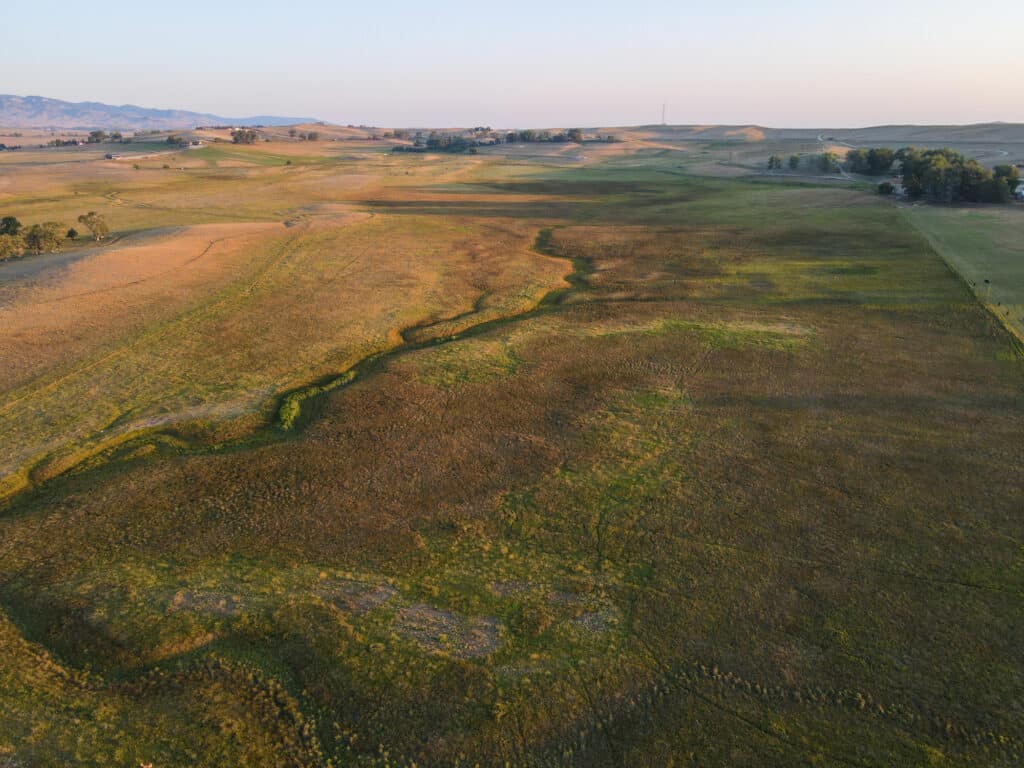 Aerial view of rolling grassy hills under a clear sky at Rock Creek Meadows, with a winding green path and scattered trees, captured during golden hour.