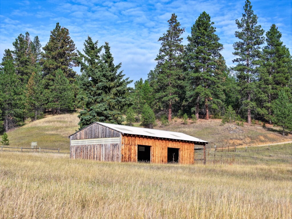 A weathered wooden barn with an open front stands in a dry, grassy field at the Elkhorn nature reserve, backed by a line of pine trees.