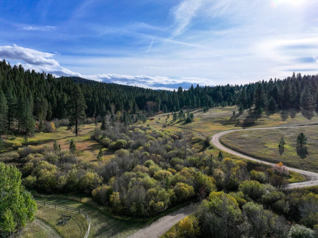 Aerial view of a dirt road winding through the Elkhorn nature reserve, cutting across a rural valley bordered by dense evergreen forests under a bright blue sky.